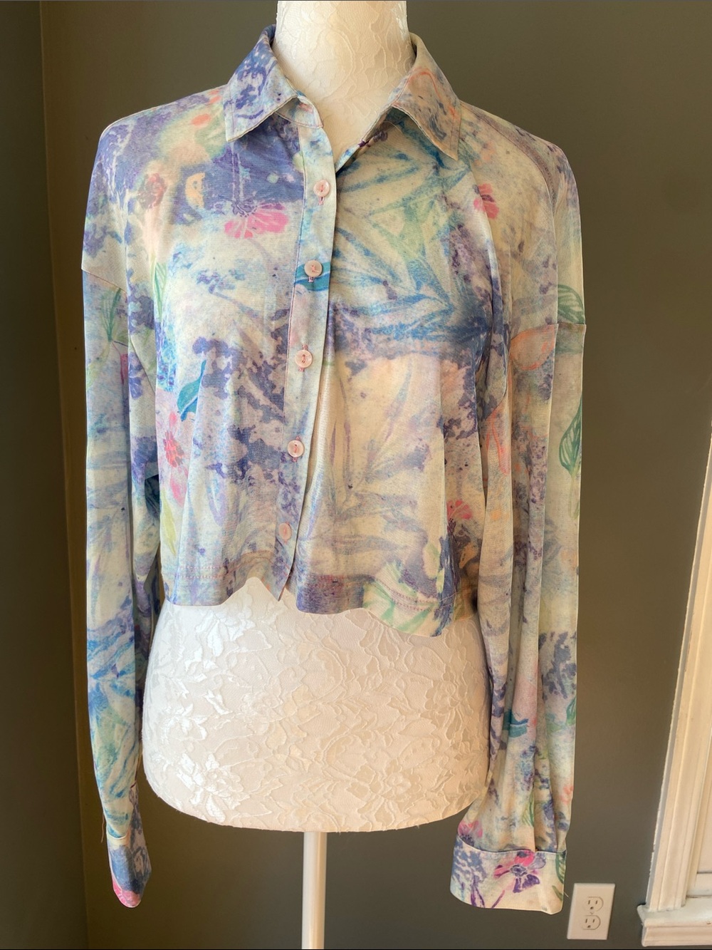 Urban Outfitters Cropped Pastel Watercolor Button-Down Shirt